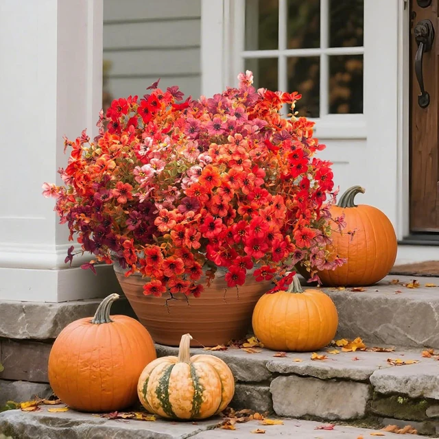 Alt view image 3 of 7 - 20 Bundles UV Resistant Artificial Fall Flowers - Fake Autumn Plants for Autumn Indoor Outdoor Garden Patio Fireplace Window Box Kitchen Home Decor (Fall Orange Mix)