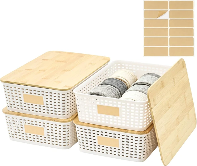 Main image of 4 Pack Plastic Storage Bins with Bamboo Lids, 6.2qt Stackable Storage Organizer Box with Lable for Pantry Shelves Drawers Desktop Office, 12"L x 8.3"W x 3.5"H, Cream White
