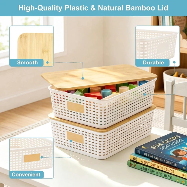 Alt view image 2 of 7 - 4 Pack Plastic Storage Bins with Bamboo Lids, 6.2qt Stackable Storage Organizer Box with Lable for Pantry Shelves Drawers Desktop Office, 12"L x 8.3"W x 3.5"H, Cream White