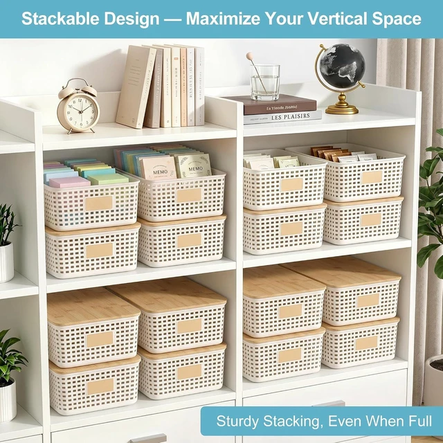Alt view image 3 of 7 - 4 Pack Plastic Storage Bins with Bamboo Lids, 6.2qt Stackable Storage Organizer Box with Lable for Pantry Shelves Drawers Desktop Office, 12"L x 8.3"W x 3.5"H, Cream White