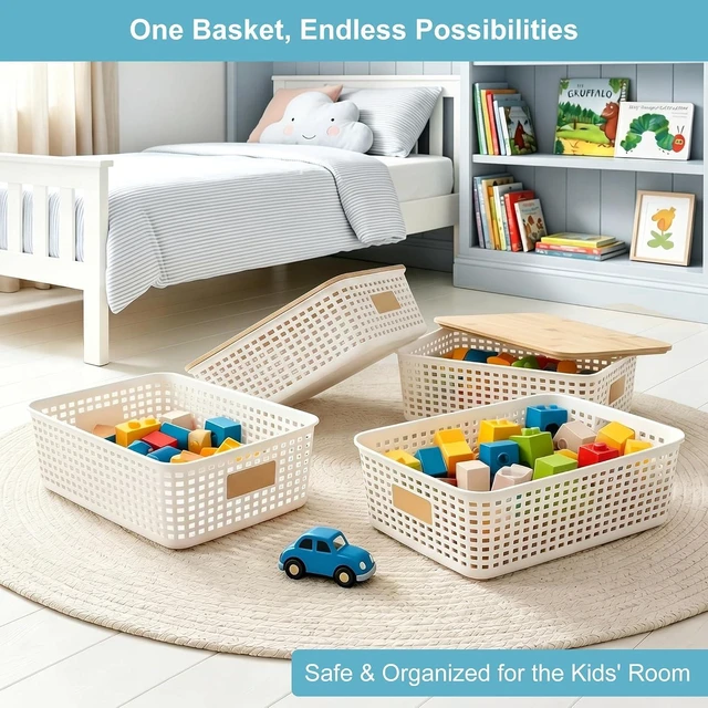 Alt view image 4 of 7 - 4 Pack Plastic Storage Bins with Bamboo Lids, 6.2qt Stackable Storage Organizer Box with Lable for Pantry Shelves Drawers Desktop Office, 12"L x 8.3"W x 3.5"H, Cream White