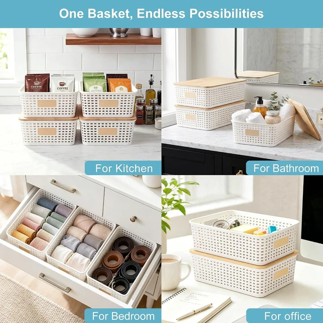 Alt view image 5 of 7 - 4 Pack Plastic Storage Bins with Bamboo Lids, 6.2qt Stackable Storage Organizer Box with Lable for Pantry Shelves Drawers Desktop Office, 12"L x 8.3"W x 3.5"H, Cream White