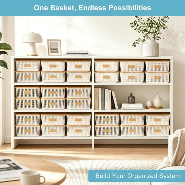 Alt view image 6 of 7 - 4 Pack Plastic Storage Bins with Bamboo Lids, 6.2qt Stackable Storage Organizer Box with Lable for Pantry Shelves Drawers Desktop Office, 12"L x 8.3"W x 3.5"H, Cream White