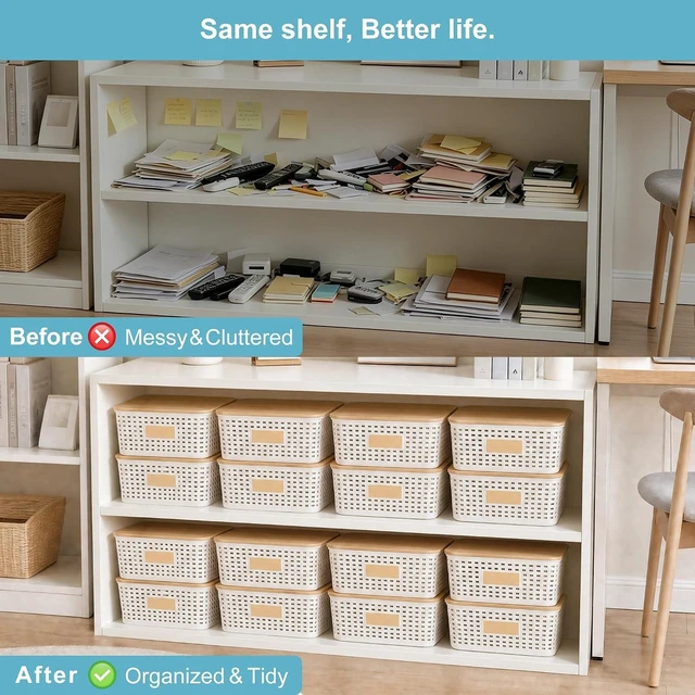 Alt view image 7 of 7 - 4 Pack Plastic Storage Bins with Bamboo Lids, 6.2qt Stackable Storage Organizer Box with Lable for Pantry Shelves Drawers Desktop Office, 12"L x 8.3"W x 3.5"H, Cream White