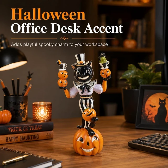 Alt view image 3 of 7 - Cat Pumpkin Figurines, Black White Cute Halloween Table Home Decor