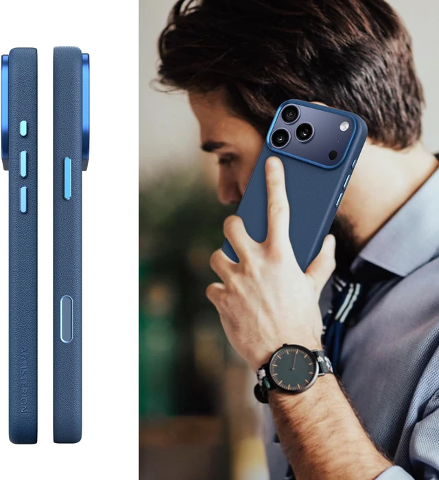 Alt view image 7 of 7 - Heritage Series Premium Leather Case, MagSafe Compatible with Capacitive Camera Control Button, Full Metal Buttons & Camera Frame Blue