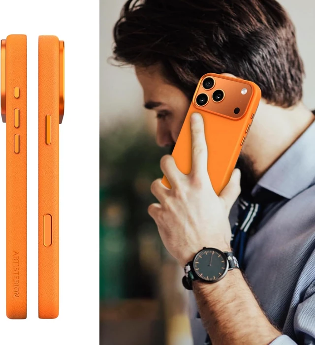 Alt view image 7 of 7 - Heritage Series Premium Leather Case, MagSafe Compatible with Capacitive Camera Control Button, Full Metal Buttons & Camera Frame Orange