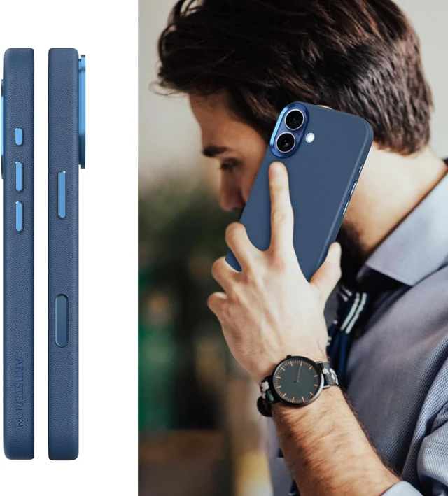 Alt view image 7 of 7 - Heritage Series Premium Leather Case, MagSafe Compatible with Capacitive Camera Control Button, Full Metal Buttons & Camera Frame Blue