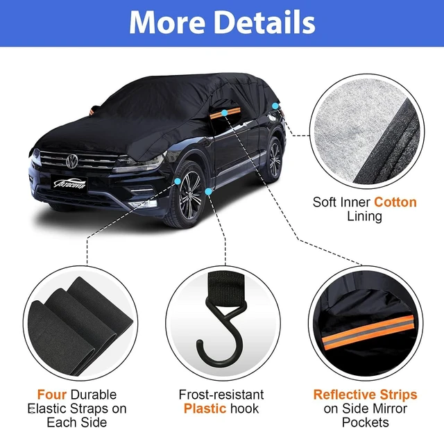 Alt view image 4 of 7 - Half Car Cover Top, Hail Protector Car Cover with Cotton Liner, Sunroof & Windshield Cover for Ice and Snow, All Weather Vehicle Body Cover for Sun, Rain, Dust