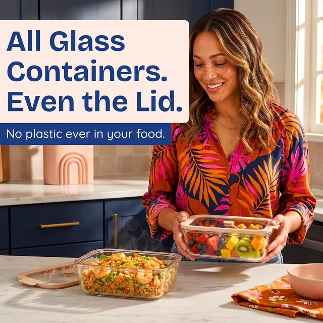 Alt view image 2 of 7 - Non-Toxic Glass Food Containers with Lids, 2-Pack, 50 oz, Airtight, Beige