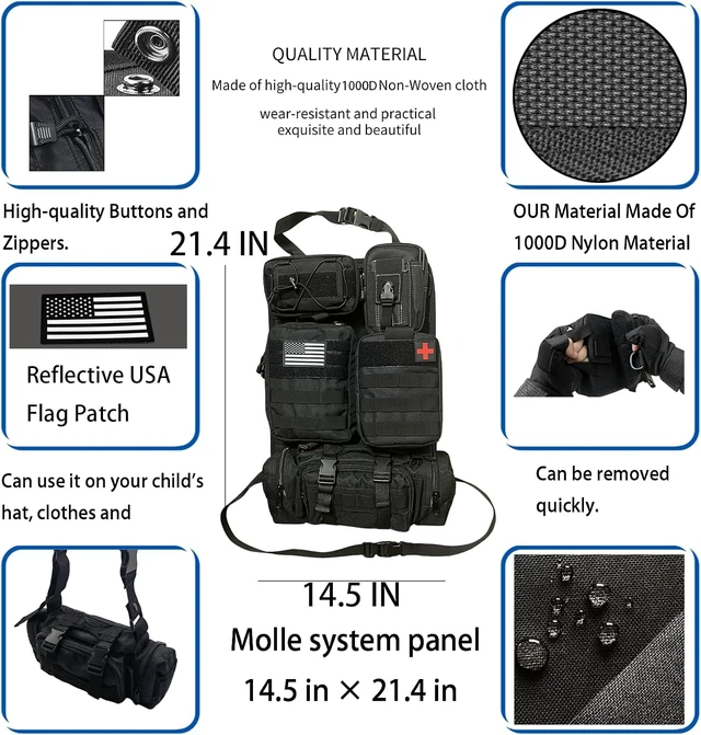 Alt view image 5 of 7 - 6 Pack Tactical Molle Car Seat Back Organizer Tactical Vehicle Panel with 5 Detachable Molle Pouch for Car Truck Ford Jeep Vehicle,US Patch Automotive Organizer For Man (5 Pouches)