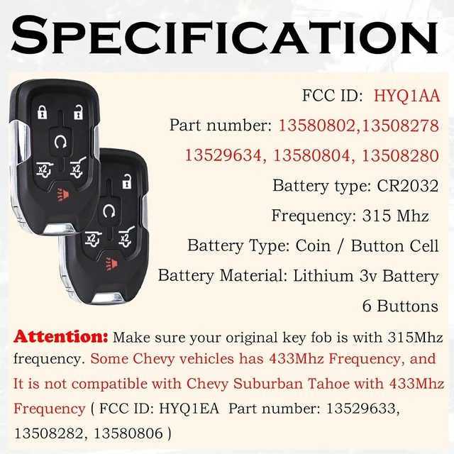 Alt view image 3 of 7 - Car Key Fob Replacement Fits for Chevy Suburban Tahoe GMC Yukon/Yukon XL Denali 2015- 2020 Push Start 6 Buttons Smart Keyless Entry Remote Start Control 13580804 Set of Two HYQ1AA 13508280