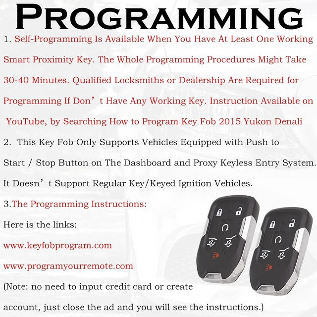 Alt view image 4 of 7 - Car Key Fob Replacement Fits for Chevy Suburban Tahoe GMC Yukon/Yukon XL Denali 2015- 2020 Push Start 6 Buttons Smart Keyless Entry Remote Start Control 13580804 Set of Two HYQ1AA 13508280