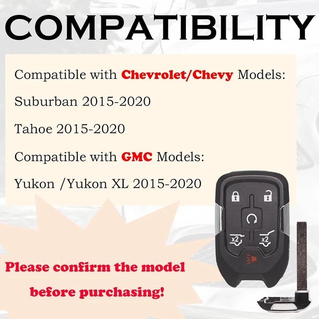 Alt view image 2 of 7 - Car Key Fob Replacement Fits for Chevy Suburban Tahoe GMC Yukon/Yukon XL Denali 2015- 2020 Push Start 6 Buttons Smart Keyless Entry Remote Start Control 13580804 Set of Two HYQ1AA 13508280