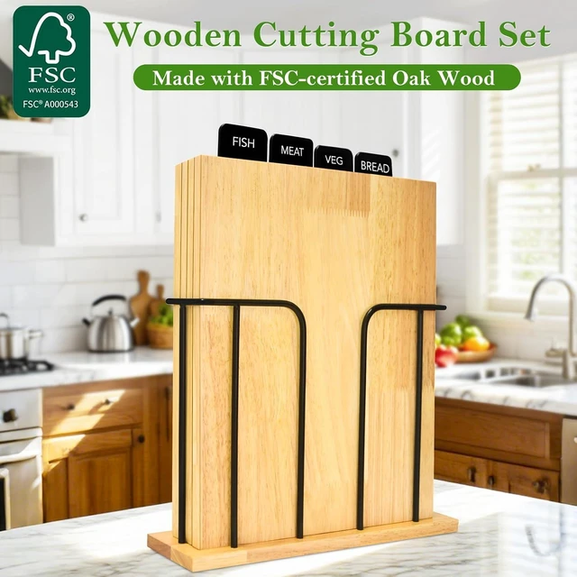 Alt view image 4 of 7 - 4-Piece Labeled Wood Cutting Board Set with Metal Stand, Non-Toxic & FSC