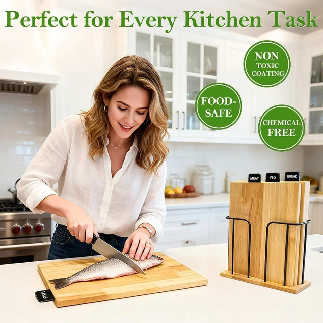 Alt view image 7 of 7 - 4-Piece Labeled Wood Cutting Board Set with Metal Stand, Non-Toxic & FSC