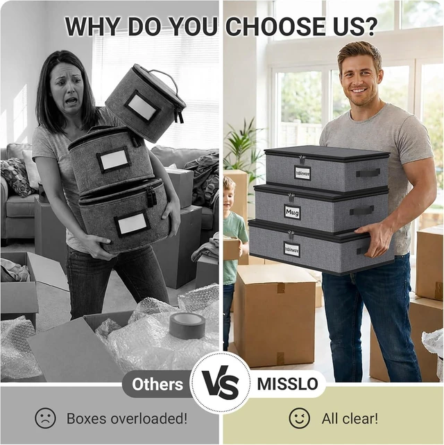 Alt view image 5 of 7 - Large Capacity China Storage Containers Hard Shell Plate Storage Containers, Kitchen Packing Moving Boxes for Dishes, Dinnerwares, Mugs Protectors, Grey, 3 Piece Set