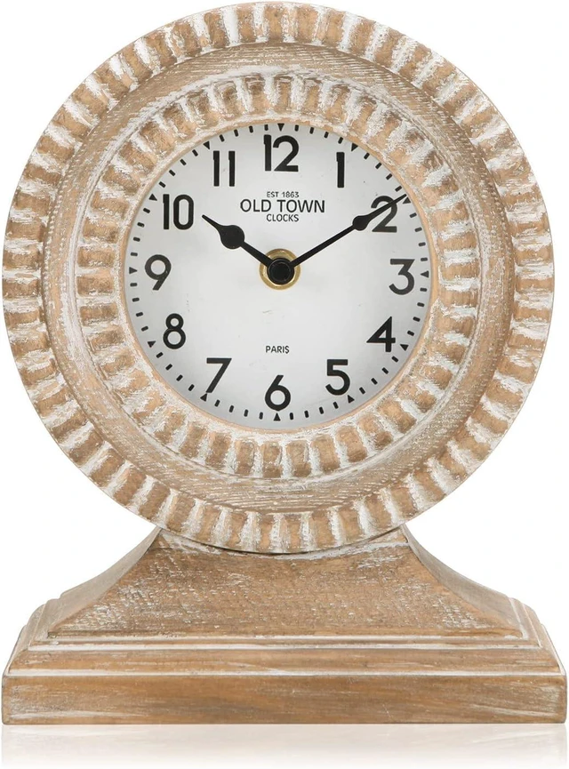 Main image of Hand Carved Wood Table Clock, Shelf Desk Top Clock Battery Operated Boho Design, Vintage Home Decor for Fireplace Mantel, Desktop, Countertop, Natural Wood Color