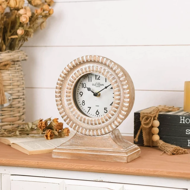 Alt view image 2 of 7 - Hand Carved Wood Table Clock, Shelf Desk Top Clock Battery Operated Boho Design, Vintage Home Decor for Fireplace Mantel, Desktop, Countertop, Natural Wood Color