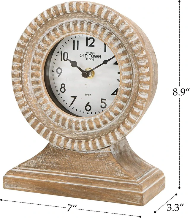 Alt view image 5 of 7 - Hand Carved Wood Table Clock, Shelf Desk Top Clock Battery Operated Boho Design, Vintage Home Decor for Fireplace Mantel, Desktop, Countertop, Natural Wood Color