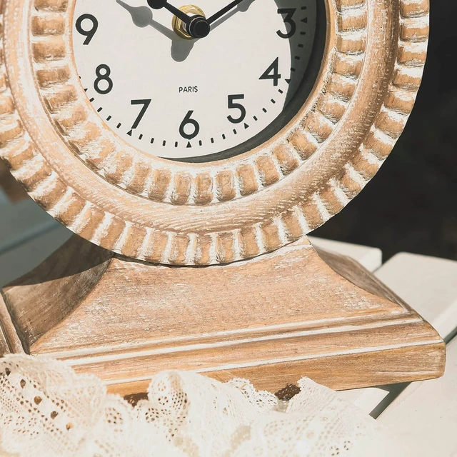 Alt view image 7 of 7 - Hand Carved Wood Table Clock, Shelf Desk Top Clock Battery Operated Boho Design, Vintage Home Decor for Fireplace Mantel, Desktop, Countertop, Natural Wood Color