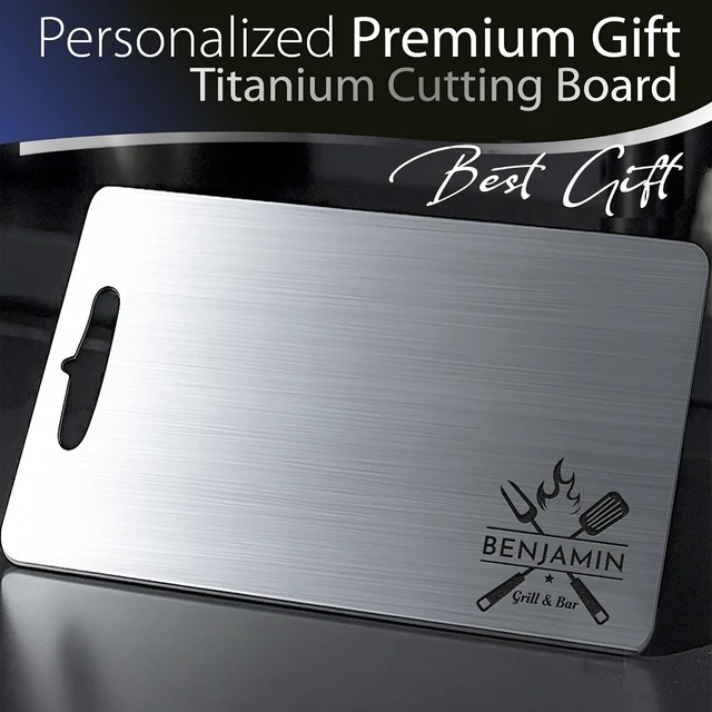 Alt view image 5 of 7 - Personalized Titanium Cutting Board, Pure Titanium, Stainless Steel Premium Custom Engraved Chopping Board Gift for Men, Women, Birthday, Anniversary, Valentine Day, Kitchen Chefs & BBQ Grill Lovers