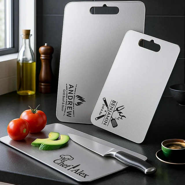 Alt view image 6 of 7 - Personalized Titanium Cutting Board, Pure Titanium, Stainless Steel Premium Custom Engraved Chopping Board Gift for Men, Women, Birthday, Anniversary, Valentine Day, Kitchen Chefs & BBQ Grill Lovers