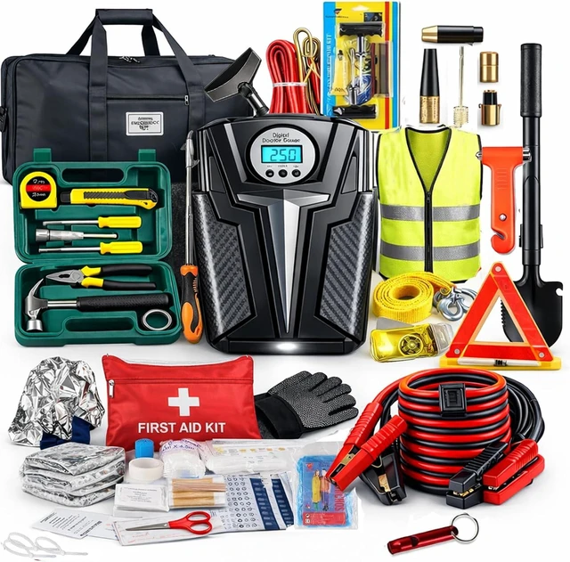 Main image of Car Emergency Kit, Roadside Assistance Emergency Car Kit Jumper Cables, Road Trip Essentials, Auto Vehicle Car Safety Kit with Digital Air Compressor Tire Inflator, Reflective Warning Triangle