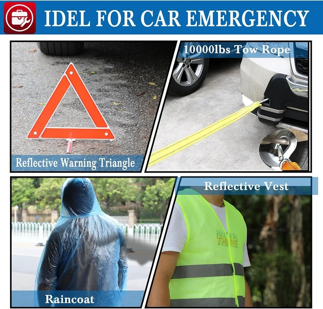 Alt view image 7 of 7 - Car Emergency Kit, Roadside Assistance Emergency Car Kit Jumper Cables, Road Trip Essentials, Auto Vehicle Car Safety Kit with Digital Air Compressor Tire Inflator, Reflective Warning Triangle