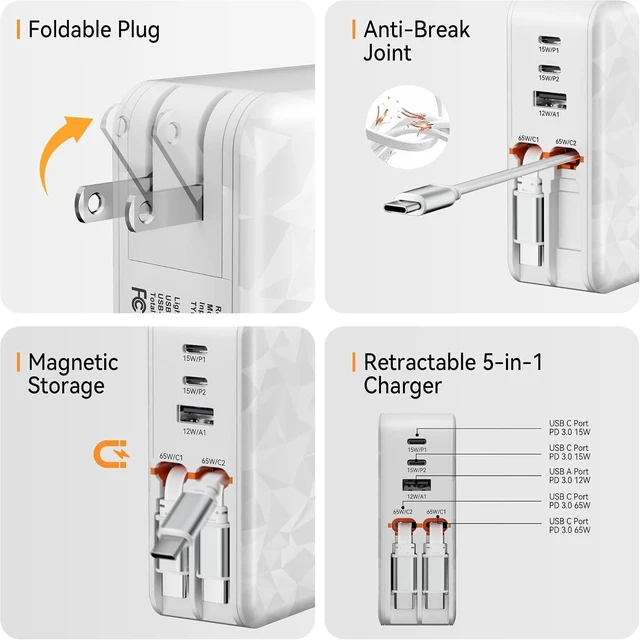 Alt view image 5 of 7 - 65w Retractable Wall Charger,5-in-1 Fast Charging Block with Dual Cables