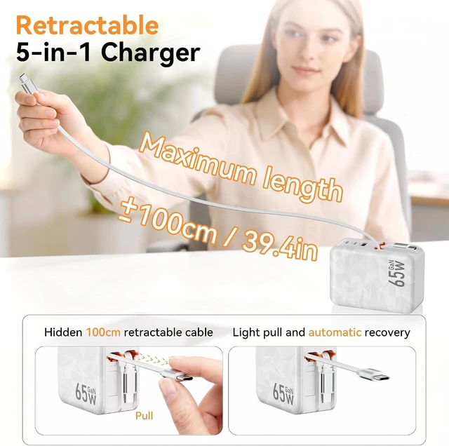 Alt view image 6 of 7 - 65w Retractable Wall Charger,5-in-1 Fast Charging Block with Dual Cables