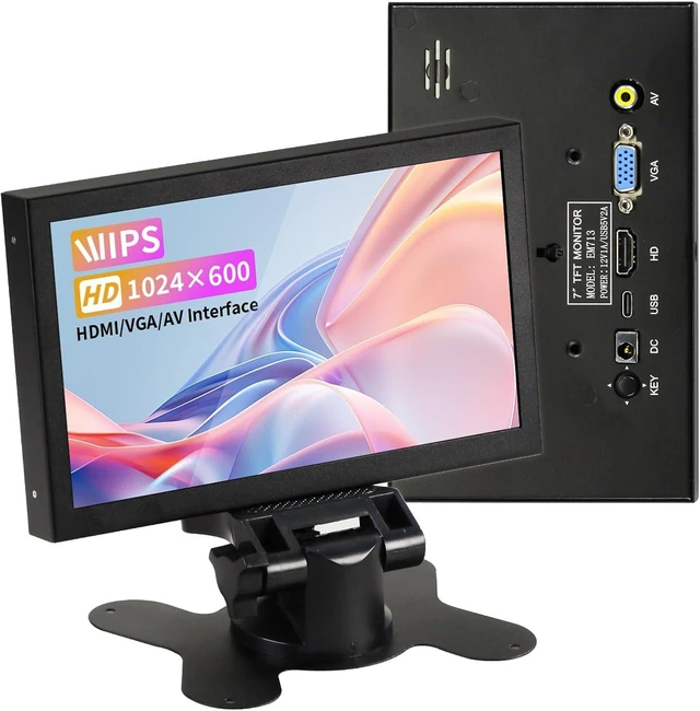 Main image of Mini Monitor 7 Inch Screen HDMI, Portable Vga Monitor with AV BNC, 1024×600 LCD Small Screen with Built-in Speakers, 178° View Angle IPS, Multi-Function Small Display for Raspberry Pi PC/TV/DVD/CVBS