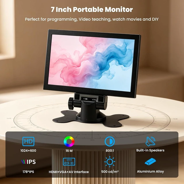 Alt view image 2 of 7 - Mini Monitor 7 Inch Screen HDMI, Portable Vga Monitor with AV BNC, 1024×600 LCD Small Screen with Built-in Speakers, 178° View Angle IPS, Multi-Function Small Display for Raspberry Pi PC/TV/DVD/CVBS