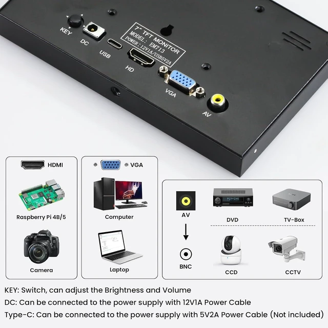 Alt view image 3 of 7 - Mini Monitor 7 Inch Screen HDMI, Portable Vga Monitor with AV BNC, 1024×600 LCD Small Screen with Built-in Speakers, 178° View Angle IPS, Multi-Function Small Display for Raspberry Pi PC/TV/DVD/CVBS
