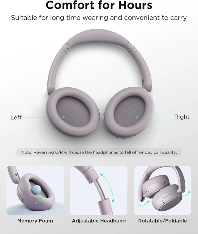 Alt view image 7 of 7 - H30 Hybrid Active Noise Cancelling Headphones, 110H Playtime Hi-Res Audio Bluetooth 6.0 Wireless Over Ear ANC Headphones for Commute/Travel (Purple)