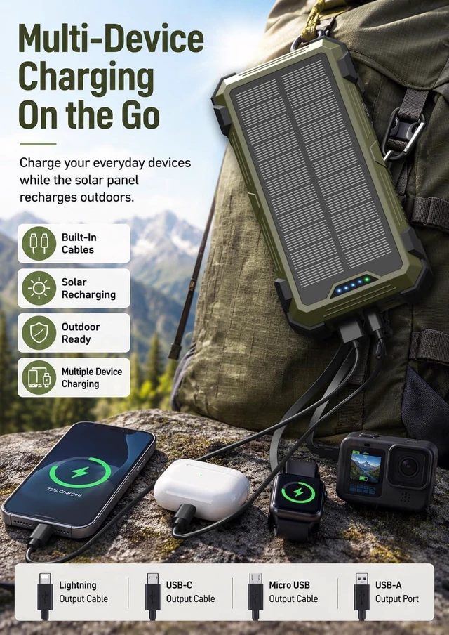 Alt view image 2 of 7 - Solar Portable Charger 20000mAh, Wireless Charger, Gifts for Men and Dad, 15W Fast Charging, 4 Built-in Cables, USB-C Input/Output; Solar Power Bank for iPhone, iPad, etc, Army Green