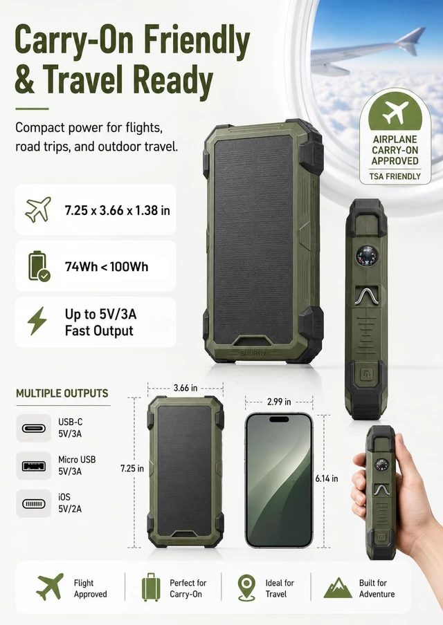 Alt view image 3 of 7 - Solar Portable Charger 20000mAh, Wireless Charger, Gifts for Men and Dad, 15W Fast Charging, 4 Built-in Cables, USB-C Input/Output; Solar Power Bank for iPhone, iPad, etc, Army Green