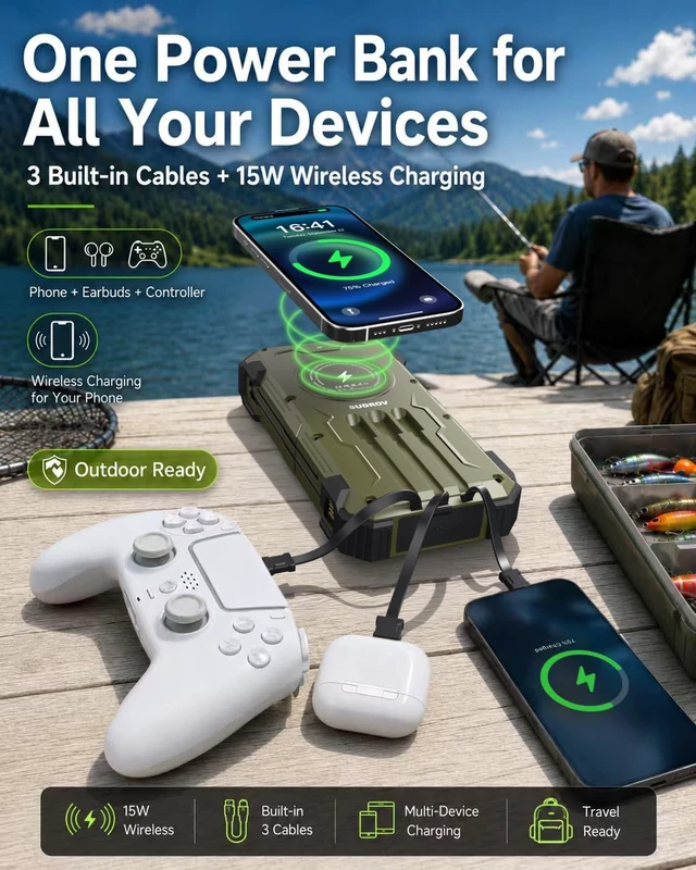 Alt view image 5 of 7 - Solar Portable Charger 20000mAh, Wireless Charger, Gifts for Men and Dad, 15W Fast Charging, 4 Built-in Cables, USB-C Input/Output; Solar Power Bank for iPhone, iPad, etc, Army Green