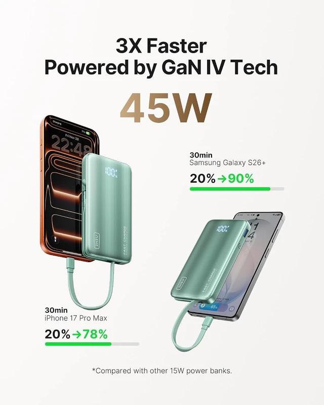 Alt view image 3 of 7 - 45W Fast Charging Portable Charger, 10000mAh with Built in Wall Plug