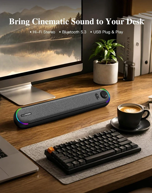 Alt view image 2 of 7 - Computer Speakers USB Powered SoundBar for Home Office, Desktop PC Speaker, USB-C, Bluetooth 5.3 PC Speakers with Hi-Fi Stereo Sound, 3 RGB Modes for Mac, Laptop & Monitor