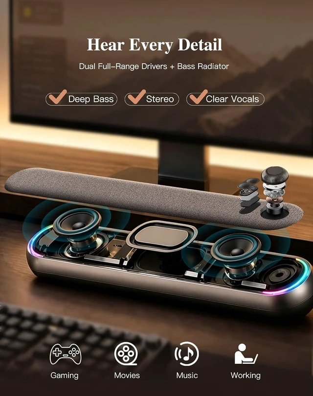 Alt view image 3 of 7 - Computer Speakers USB Powered SoundBar for Home Office, Desktop PC Speaker, USB-C, Bluetooth 5.3 PC Speakers with Hi-Fi Stereo Sound, 3 RGB Modes for Mac, Laptop & Monitor