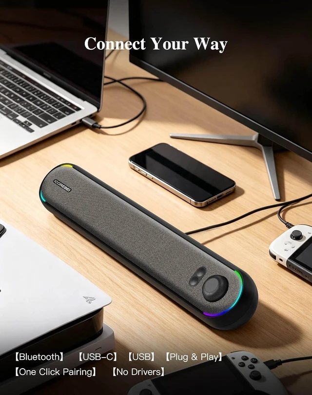 Alt view image 4 of 7 - Computer Speakers USB Powered SoundBar for Home Office, Desktop PC Speaker, USB-C, Bluetooth 5.3 PC Speakers with Hi-Fi Stereo Sound, 3 RGB Modes for Mac, Laptop & Monitor