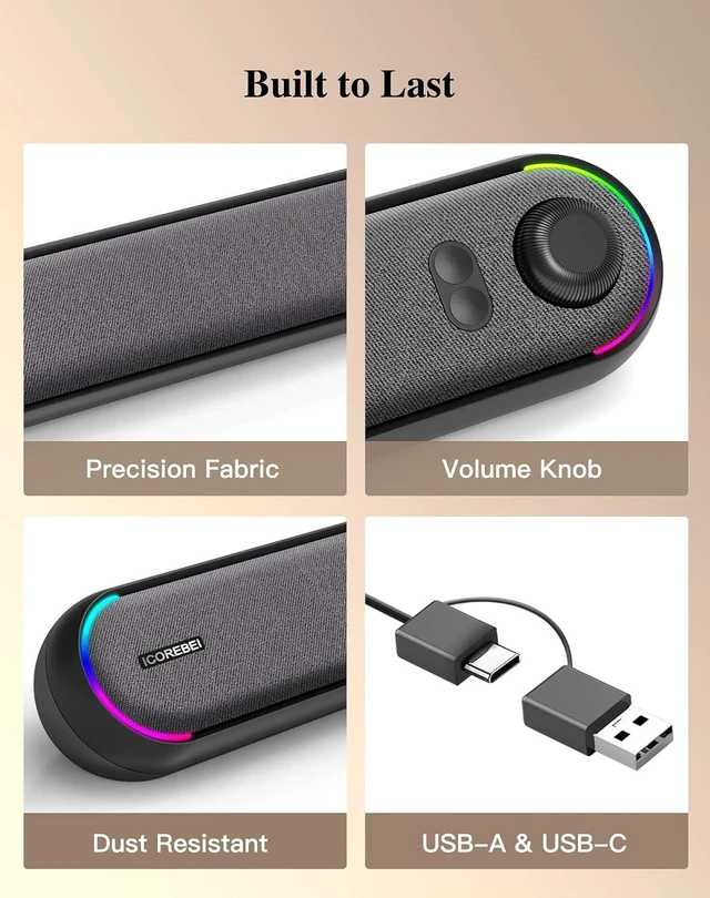 Alt view image 6 of 7 - Computer Speakers USB Powered SoundBar for Home Office, Desktop PC Speaker, USB-C, Bluetooth 5.3 PC Speakers with Hi-Fi Stereo Sound, 3 RGB Modes for Mac, Laptop & Monitor
