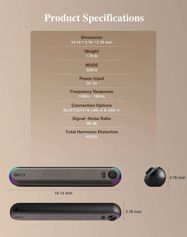 Alt view image 7 of 7 - Computer Speakers USB Powered SoundBar for Home Office, Desktop PC Speaker, USB-C, Bluetooth 5.3 PC Speakers with Hi-Fi Stereo Sound, 3 RGB Modes for Mac, Laptop & Monitor