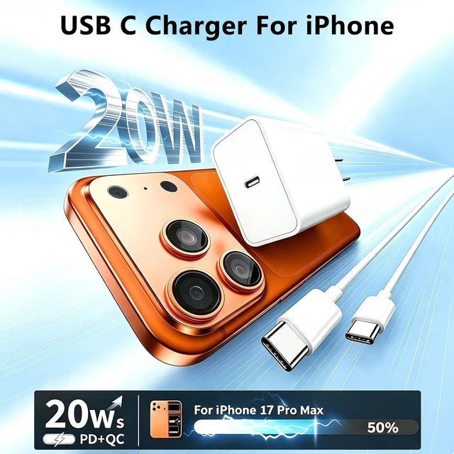 Alt view image 2 of 7 - iPhone Charger Fast Charging,3Pack 10FT Long USB C to USB C Charger Cable Cord with 20W USB C Wall Charging Block Power Adapter for iPhone 17 Pro Max/Air/17e/16Plus/15,iPad Pro/Mini/Air