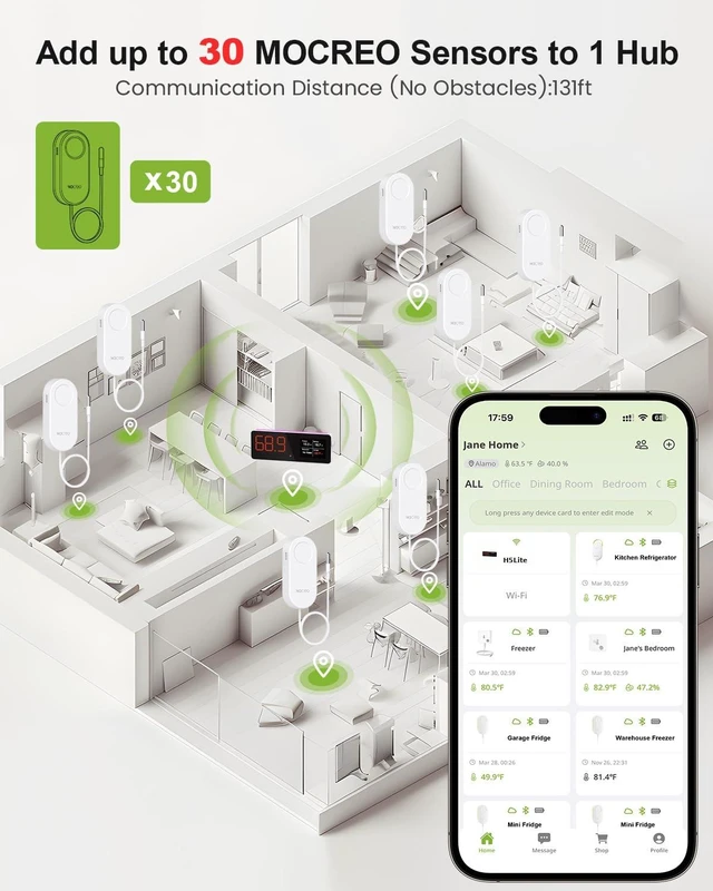 Alt view image 5 of 7 - WiFi Refrigerator Thermometer with Remote Email & App Alerts, 2-Year Data Export Smart Freezer Alarm Sensor & Digital Hub for Home, Kitchen & Fridge