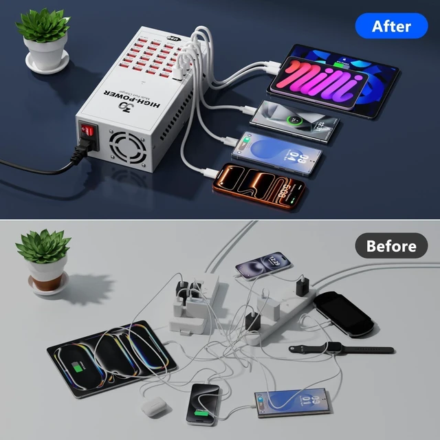 Alt view image 4 of 7 - 200W 30 Port Multiple USB Charging Station, Multiple Phone Charger Station with Intelligent Protection, Desktop Multi Port USB Hub for School/Hotel/Travel/Shop, Compatible with iPhone/ipad/Tablet