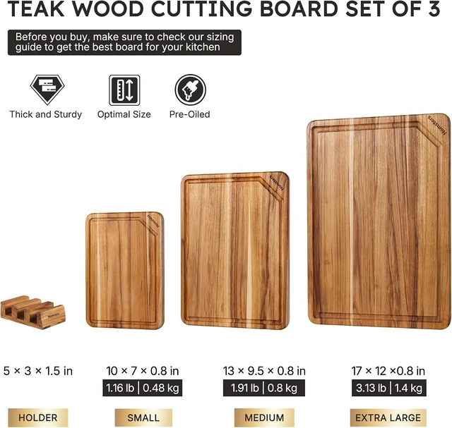 Alt view image 2 of 7 - 3 Pack Teak Wood Cutting Boards for Kitchen Wood Charcuterie Board Non Slip