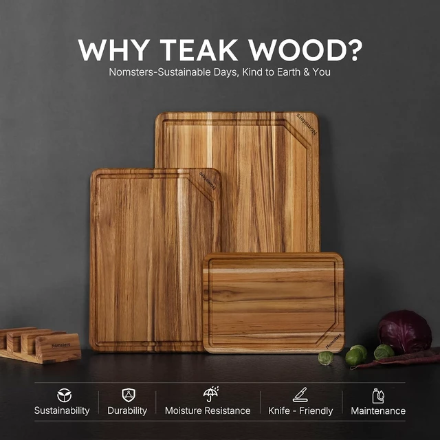 Alt view image 3 of 7 - 3 Pack Teak Wood Cutting Boards for Kitchen Wood Charcuterie Board Non Slip