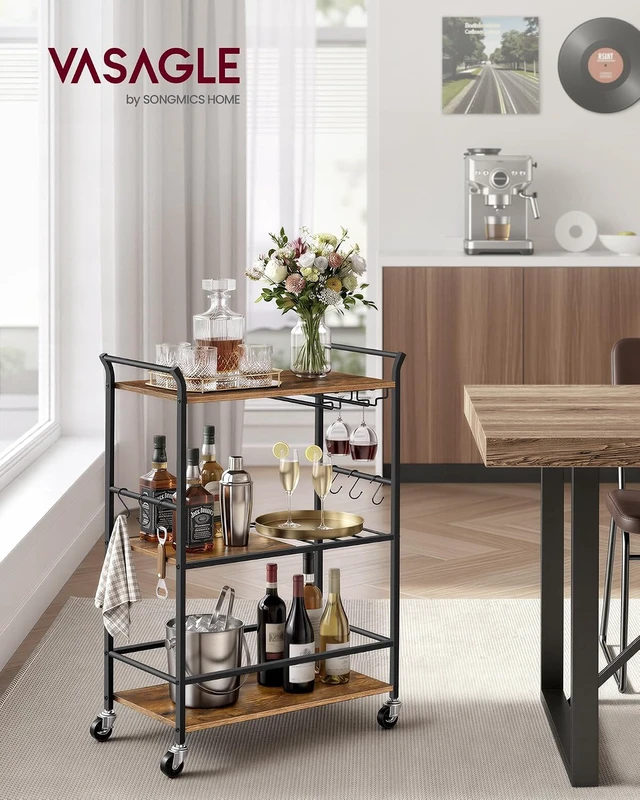 Alt view image 2 of 6 - Bar Cart with Wheels, Drink Cart with Wine Rack and Glass Holder